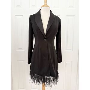 Ieena for Mac Duggal Womens Black Long Sleeve Feathered Trim Tuxedo Dress Size 2